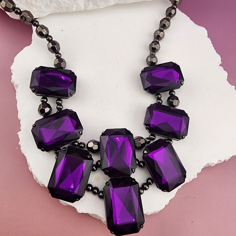 Purple Faceted Acrylic Statement Necklace Gunmetal Beaded Bib Cocktail Glam